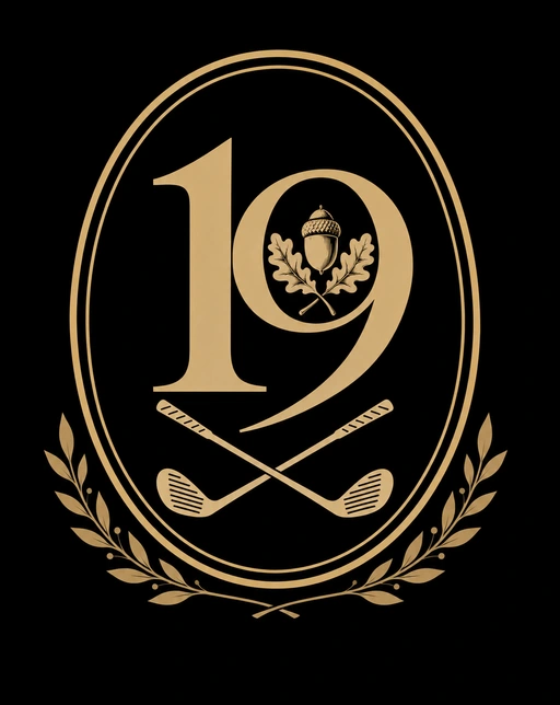 19th Hole Clubhouse crest with oak leaves and crossed golf clubs