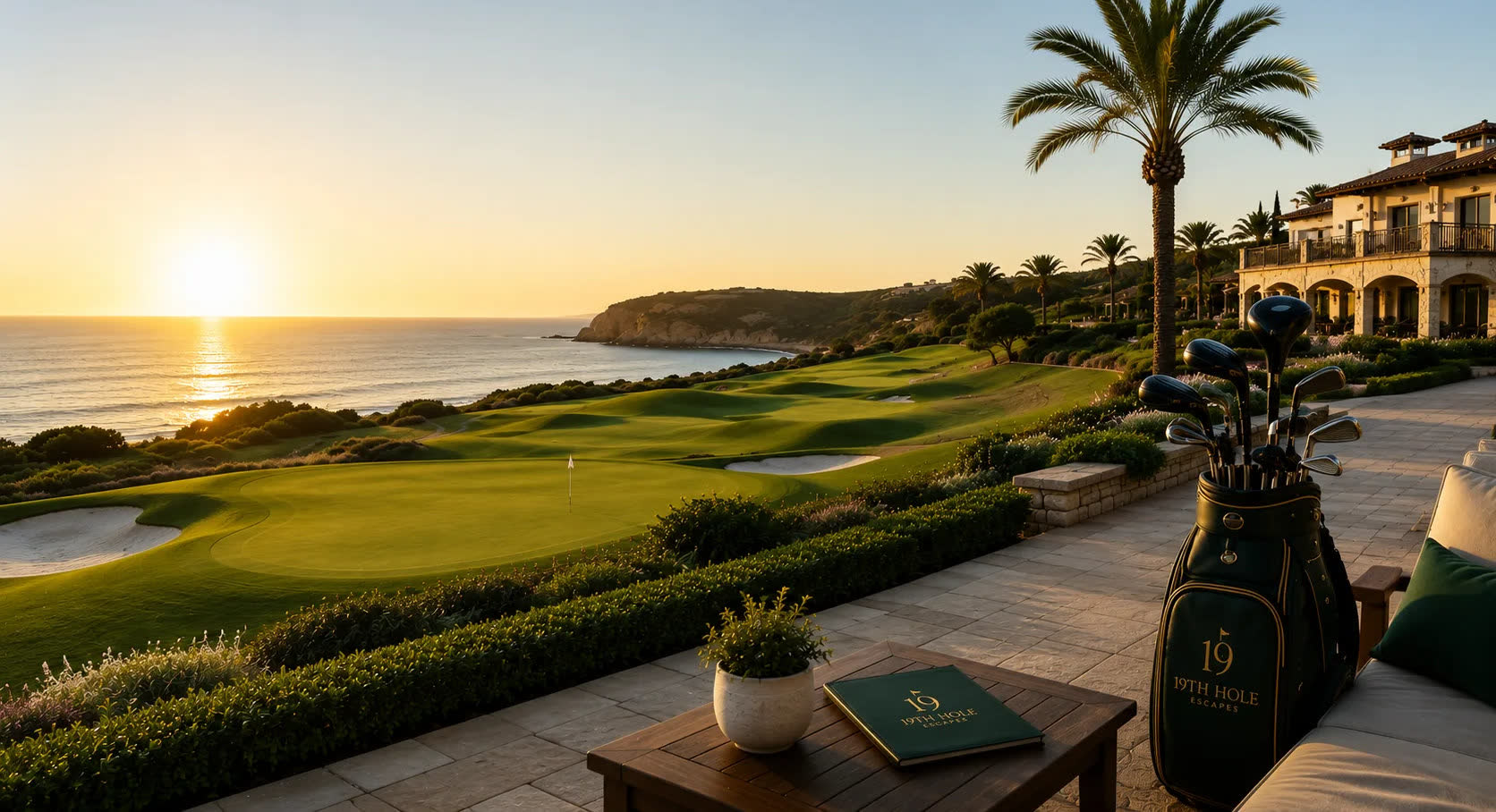 Golf bag and travel journal on a terrace at sunset